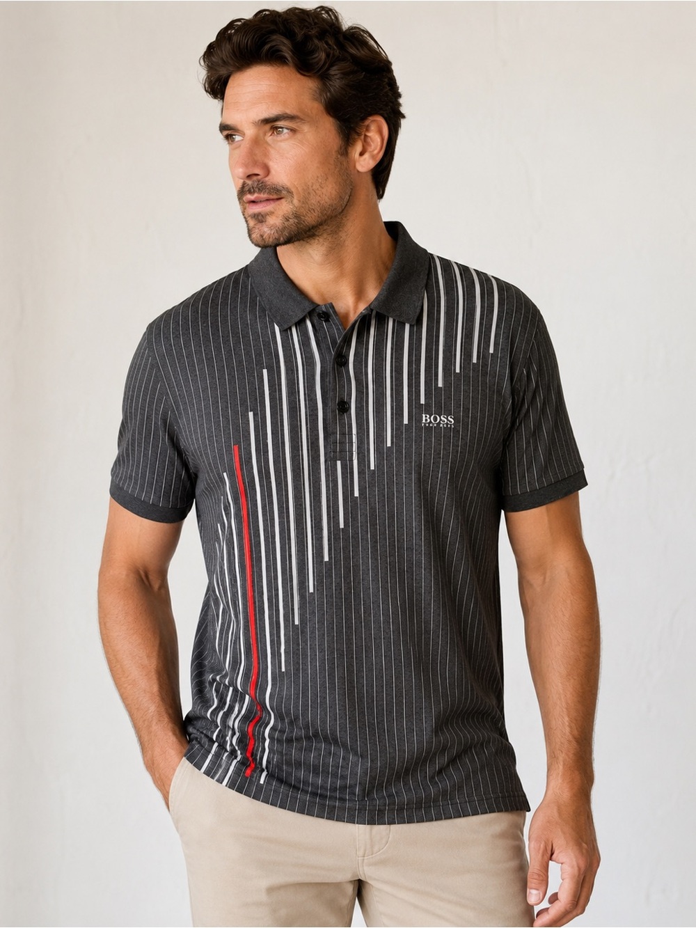 Hugo Boss Green Label Paddy 2 Polo Gray White & Red Accents Size XL Luxury